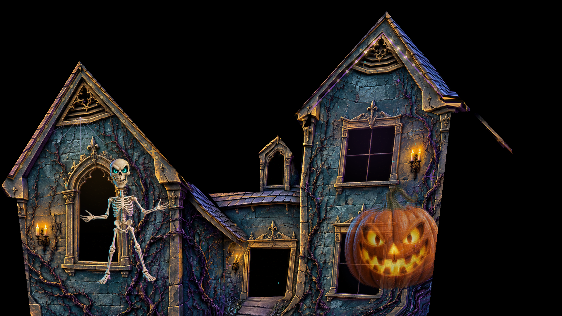Actual Friendly Haunted Manor Studio frame showing the haunted backdrop, a skeleton and a glowing pumpkin
